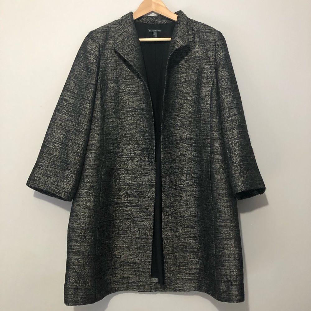 Eileen Fisher Black And Gray Silver Women's Medium Jacguard Coat With Pockets